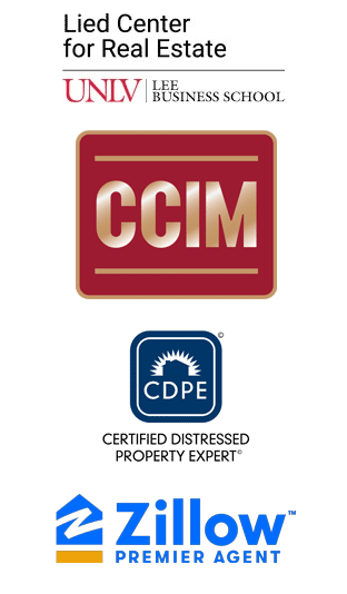 CCIM, CDPE (Certified Distressed Property Expert, Zillow.com Premier Agent, and UNLV Logos